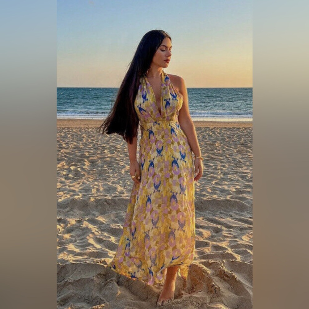 ZARA Yellow Floral Halter Maxi Dress M | Backless Summer Vacation Resort Dress - Picture 5 of 8